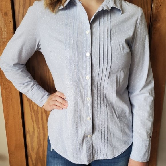 Tommy Hilfiger pleated button up blouse - chambray seersucker - Size L - Picture 14 of 16